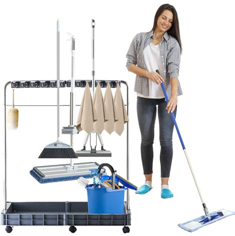 Generisch MOP e porta scopa, pulizia di carrelli con ruote - Carrello attrezzi per la pulizia del pavimento,Strumenti di conservazione multifunzione per ospedali scolastici