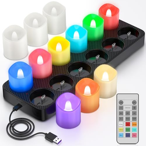PChero Rechargeable Flameless Candles with Remote Timer & Charging Base, 12 Pack 9 Color Changing Tea Lights Battery Operated, LED Votive Candles for Halloween Pumpkin Christmas Party Home Decor