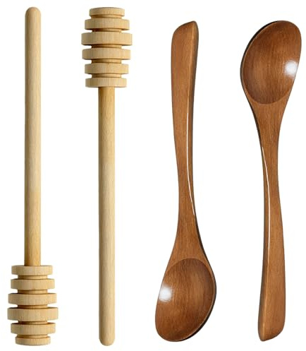 Horktrust 2 Bâtons Cuillère à Miel + 2 Bâtons mielle Mélangeurs en Bois – cuillere a Miel en Bois, Set Écologique et Pratique pour Thé, Café, Yaourt – Design Anti-Goutte extracteur Miel