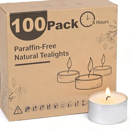 100 Pack 8 Hour Tea Light Candles, Unscented Vegan Wax Tealights | Unscented Tea Lights Long Burning with Cotton Wicks for Weddings, Parties, Restaurants, Spa