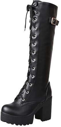 Botas de mujer hasta la rodilla botas altas comercio exterior botas de tacón grueso por encima de la rodilla botas de agua plataforma de agua de tacón alto con cordones botas de goma mujer 1119, Negro