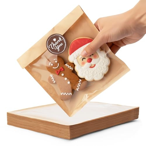 Bake Choice 100 Papiertüten Klein mit 120 Aufklebern,14 x 16 cm Einzeln Verpackte Kekstüten mit Sichtfenster, Hitzeverschließbar und Fettdicht, Verpackung für Backwaren, Ideal zum Verschenken