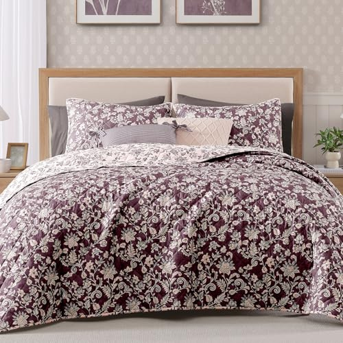 BLOOMHAVEN Quilt Set King Size, Italian Plum Floral Quilt Sets, Reversible Bedspread Lightweight and Breathable for All Seasons, Soft Quilted Bedspread with 2 Pillow Shams