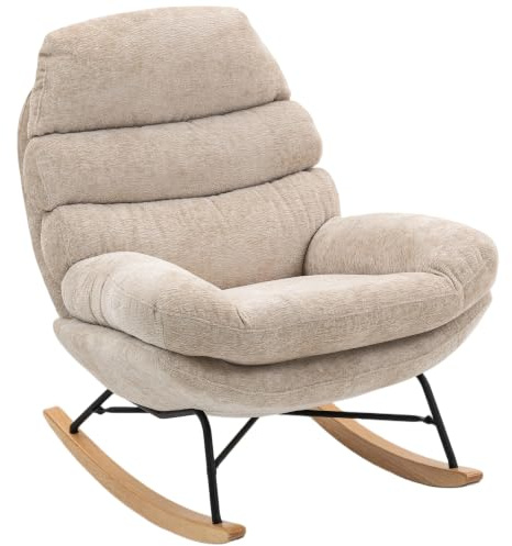 HOMCOM Schaukelstuhl mit Rückenlehne, Holzgestell, Gepolstert, Cremeweiß | Schaukelsessel, Schneidersitz Sessel, Relaxsessel mit Chenille-Optik, Schwingsessel, Lesesessel für Wohnzimmer