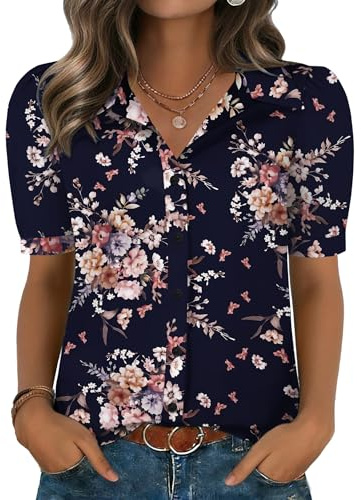 Zeagoo Womens Tops Flower Printed Blouses Button Up Puff Sleeve Shirt Soft Chiffon Clothes Business Formal Work Wear