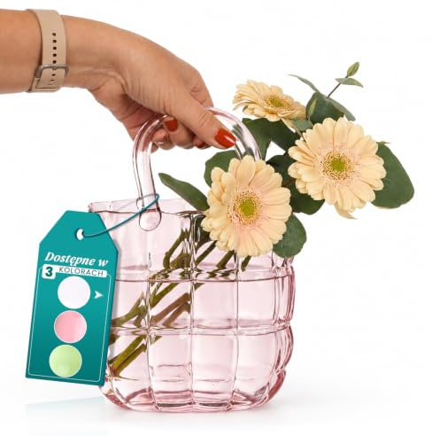 Comforder Glas Vase, Design Blumenvase– Glas Handtasche für Blumen (19x11x28 cm) – Dekorative Glasvase, Moderne Tischdeko Hochzeit (Rosa)