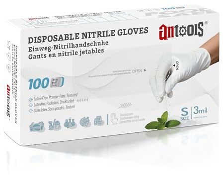 AnTools Guanti monouso bianchi in nitrile, per uso alimentare, senza talco e senza lattice, resistenti agli strappi, per laboratorio, gastronomia e casa, taglia 9