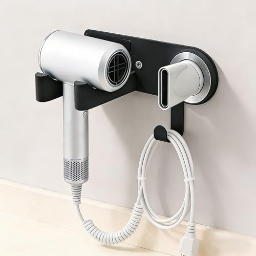Föhn Halterung zum Kleben, Aluminiumlegierung Fönhalter Ohne Bohren, Magnetische Wandhalterung Fönhalter mit Kabelhaken & Silikon-Schutzpad, Haartrocknerhalter für Badezimmer,Hotel,Barbershop(Schwarz)