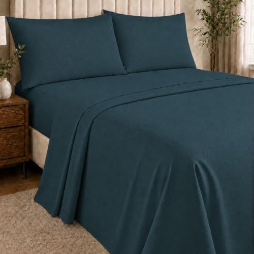 NARCISO - Completo Lenzuola Matrimoniali 4 Pezzi Tinta Unita Embossed, Set Lenzuola Matrimoniali in Microfibra Traspirante ed Anallergica, Biancheria da Letto Made in Italy, Colore Ottanio