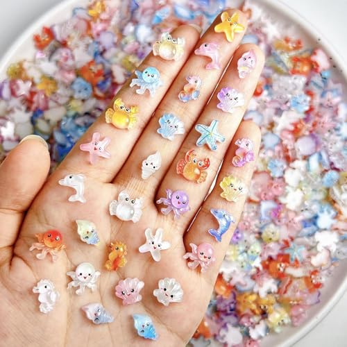 100 Stück Nail Charms Summer 3D Charms Nägel Sommer Nagel Charm Meer Nagelschmuck Ozean Transparente Miniatur Meerestiere für DIY Nail Art