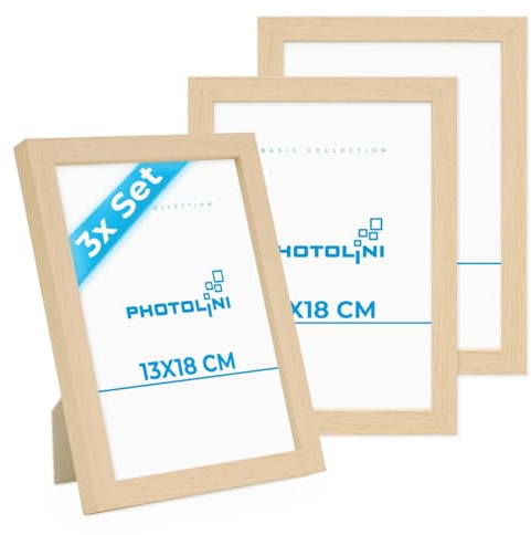 PHOTOLINI Bilderrahmen 13x18 3er Set Natur, Bilderrahmen 13x18 Holz MDF, Fotorahmen 13 x 18 mit Acrylglas, Bilder Rahmen 13 x18 Aufhängen & Aufstellen, Picture Frame mit Zubehör für Fotos, Poster