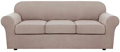 H.VERSAILTEX 4 Piece Stretch Sofa Covers for 3 Cushion Couch Covers for Living Room Slipcovers (Base Cover Plus 3 Seat Cushion Covers) Upgraded Thicker Jacquard Fabric (Sofa, Sand)