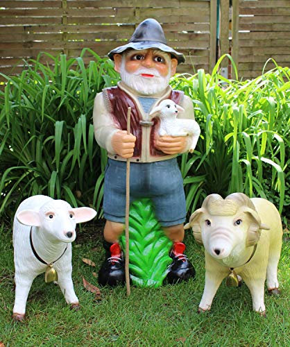 RAKSO Deko Garten Figur Dekofigur Gartenfigur Hirte Schäfer mit Schafbock und Schaf aus Kunststoff