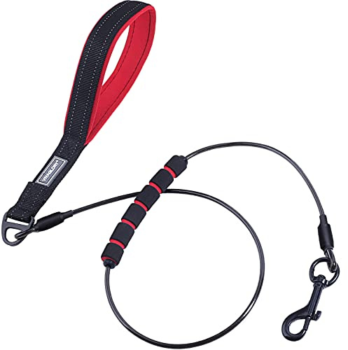 VIVAGLORY Hundeleine Edelstahl Toughbite Führleine Bissfest, 122cm, Schwarz | Welpenleine Hundeleine mit Doppelgriff & 2 Griffen für Hausleine Joggingleine, Kette Metall Edelstahl & Bissfest für Hunde