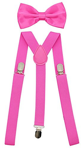 SUNTRADE Hosenträger für Herren und Damen, elastisch, Y-Form, verstellbar, mit Clips und Fliege Gr. Einheitsgröße (Rosarot)