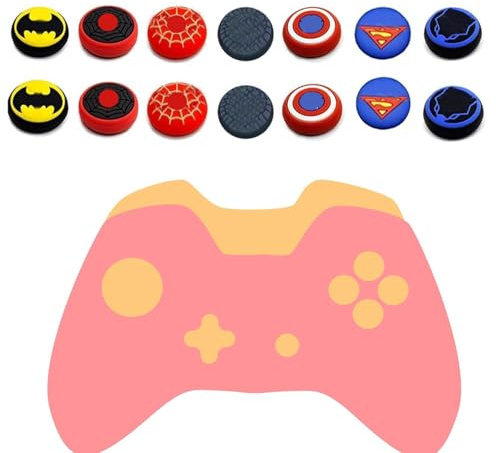 Jaeespon 14Pcs Silicone Anti-Slip Thumb Grips, Universal Superhero Analog Stick Caps for PS5, PS4, Xbox Series X/S, Switch Pro Controller, Sweat Resistant Joystick Covers for Gaming Protection