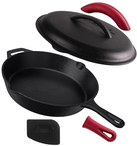 Cast Iron Skillet with Lid - 12-inch Pre-Seasoned Covered Frying Pan Set + Silicone Handle & Lid Holders + Scraper/Cleaner - Indoor/Outdoor, Oven, Stovetop, Camping Fire, Grill Safe Kitchen Cookware