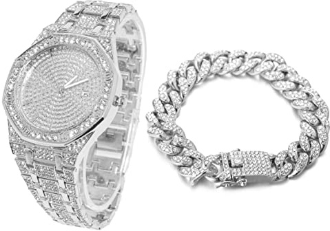 Halukakah Diamant Golduhr, Herren 18K Echt Vergoldet/Platin Weiß Vergoldet 40MM Breite Achteckig Rund Wählen Quarz Armband 22cm mit Kubanischer Link Kette 20+45cm Halskette Armband, mit Geschenkbox