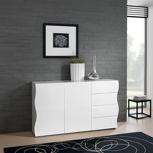 Dmora - Buffet Romolo, Buffet de cuisine avec 2 portes et 4 tiroirs, Buffet de salon, 100% Made in Italy, 124x40h81 cm, Blanc brillant