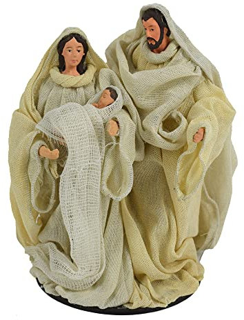Generico Gruppo Natività Artigianale in Stoffa Tessuto Bianca Avorio JUTA Presepe Statuine in Resina Idea Regalo con Sacra Famiglia Personaggi da h. 15 cm Giuseppe Maria Gesù Bambino Santi