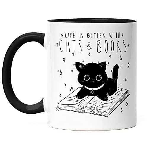 Hey!Print Life is better with cats and books Tasse schwarz Bücherliebhaber Buch lesen Katzenliebe Tierfreund süßer Bücherwurm