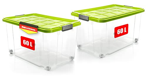 BigDean 2 Stück 60 L Aufbewahrungsbox mit Deckel groß limegrün stapelbar | stapelbare robuste Box - rollbare Stapelbox mit festen Klickverschlüssen - Made in Germany