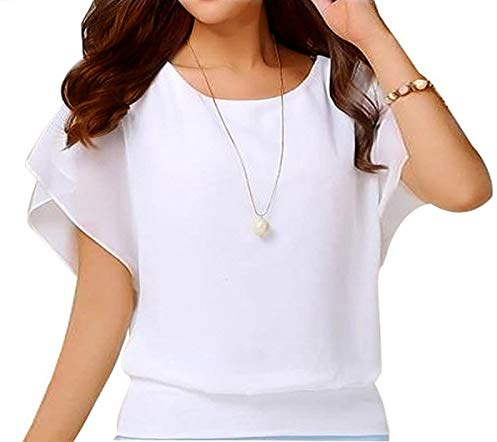 Yommay Camicette estive da donna eleganti, casual, a maniche corte, in chiffon, top, maglietta, bianco, L