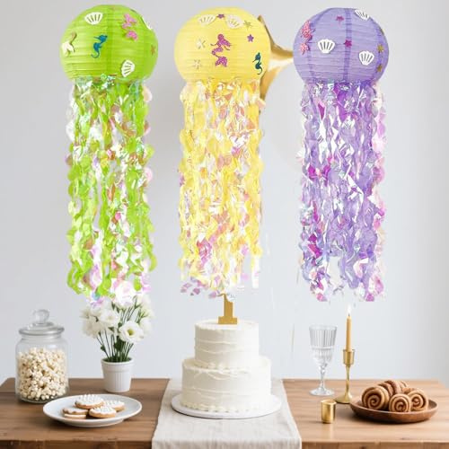 Eterspr 3 Piezas Linternas Decorativas de Sirena, Linternas de Papel de Medusas, 3 Colores Farol de Papel de Medusas, para Decoraciones de Fiestas, Eventos en centros comerciales, Bodas