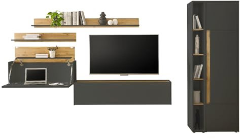 Furn.Design Wohnwand mit Sekretär/Schreibtisch in grau matt und Wotan Eiche Wohnkombination 6-teilig Wohnzimmer Schrankwand mit Home Office Arbeitsplatz Büromöbel 340 x 200 cm Center (Set 3)