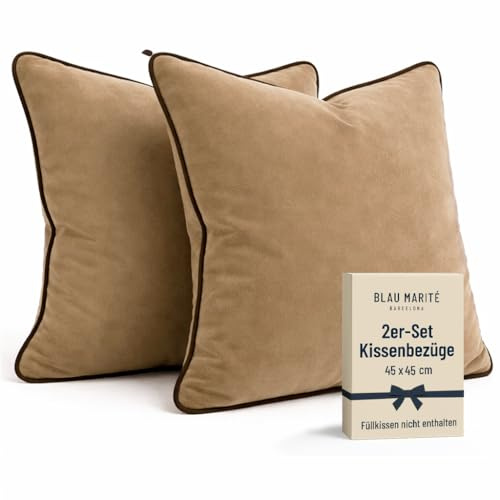 Blau Marité Kissenbezüge 45x45 cm – 2er Set aus weichem Samt – Dekokissen mit kontrastierendem Rand – Camel & Braun – Ohne Füllung
