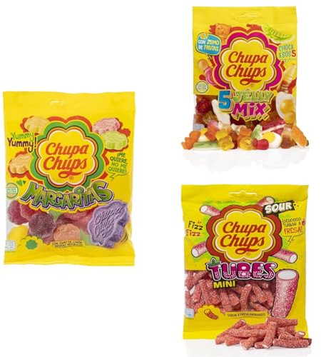 Chupa Chups Golositas Margaritas de Sabores Variados, 150g + Chupa Chups Gomis Jelly Mix de Sabores Variados, 150g + Chupa Chups Gomis Mini Tubos de Fresa Ácida, 150g