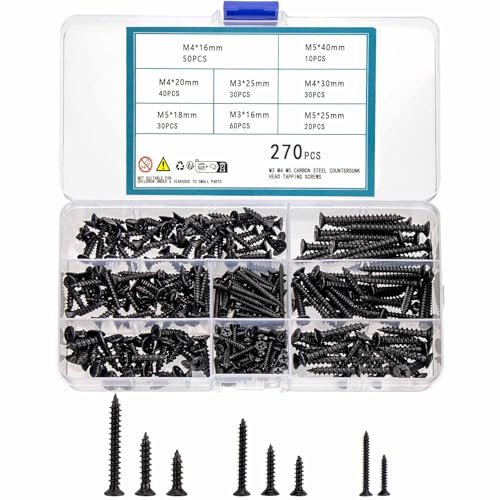 QOOSIKICC 270pcs M3 M4 M5 Flat Head Self Tapping Wood Screws, Drive Countersunk Head Self-Tapping Screws Assortment Fasteners Kit for Wood Furniture Repair Cabinet