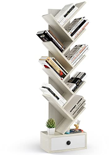 COSTWAY Tree Bookshelf, 10-Tiers Floor Standing Wooden Bookcase Storage Shelving Unit, Narrow Magazine Book Display Rack for Living Room, Bedroom and Office（Beige, with Drawer）