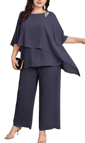 Hanna Nikole dam, stora storlekar, chiffong, kvällsdräkt, set, cocktailparty, festlig, elegant, 2-delat set, skjorta och hög midja, byxdräkt, tvådelad, Antracitgrå, 50 plus size