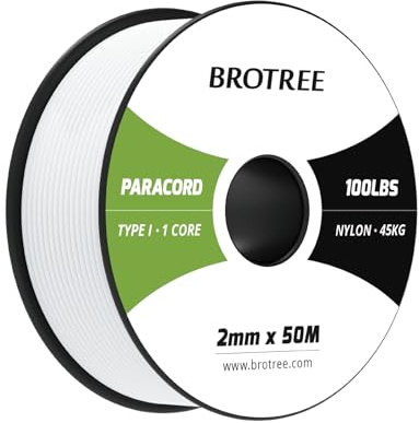 Brotree Paracord 2mm 50M 100% Nylonrep 1 Tråd Typ I Snöre för Utomhus, Hundhalsband, Armband, Camping - 45kg Brottlast (Vit)