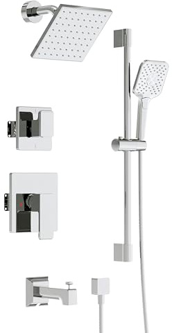 HIMK Shower System with Tub Spout - 6 Inches Rain Shower Heads with Handheld Spray Combo Set, Bathtub Shower Faucet Set with Slide Bar (Shower Valve and Diverter Included), Chrome