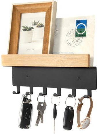 ZUIMENG Schlüsselbrett mit Ablage, Schlüsselablage aus Holz Bambus und Edelstahl mit 6 Schlüsselhaken, Schlüsselhalter Wand Schlüsselboard für Eingangsbereich, Flur, Küche (Schwarz, 26cm)