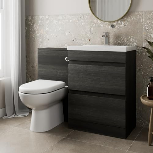 Artis 1100mm L Shape Bathroom Vanity Sink Unit Furniture Storage Woodgrain Vanity Unit + Basin + Ceramic D Shaped Toilet with Concealed Cistern