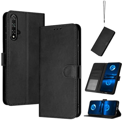 QiongniAN kompatibel mit Huawei Nova 5T Hülle Leder,kompatibel mit Honor 20 YAL-L21 YAL-AL00 YAL-TL00 / Nova 5T YAL-L21 YAL-L61 YAL-L71 YAL-L61D Hülle PU Flip-Telefonhülle Black