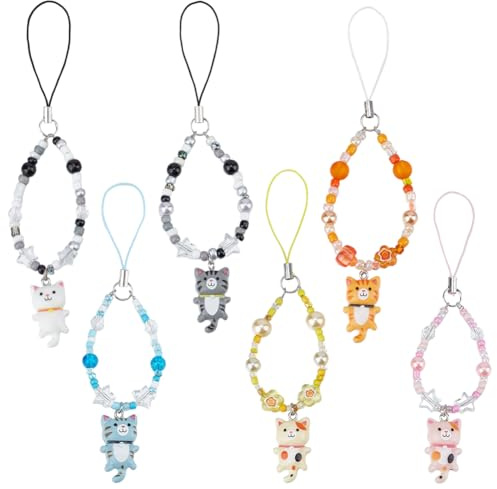 BENECREAT 6 Styles Handy Strap Charms, Katze Anhänger Charm Portable Keychain Strap Star Perlen Telefon Zubehör für Auto-Schlüssel Handtasche Dekoration Taschen Schlüsselanhänger, 14,5cm lang