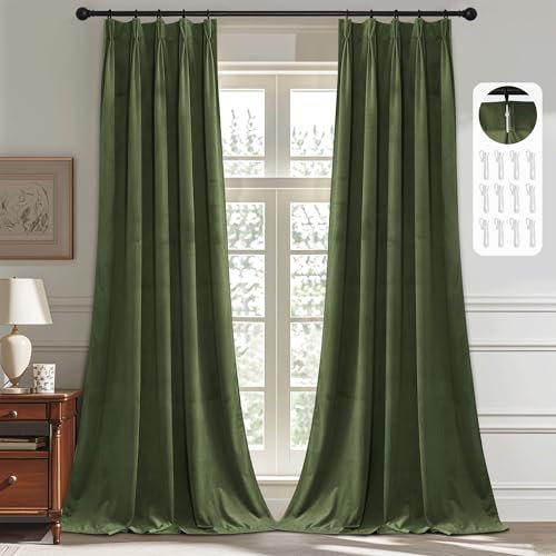 StangH Moosgrüne Plissee-Vorhänge aus Samt mit Haken, luxuriöse Weihnachtsdekoration, Fensterbehandlungen, Raumverdunkelung, wärmeisolierte Vorhänge für Schiebetür, Büro, B 38 x L 96 cm, 2 Paneele