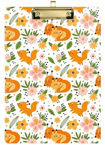 Klemmbrett mit Cartoon-Fuchs-Blumen, A4, 31,8 x 22,9 cm, dickes Klemmbrett mit flachem Profil-Clip für LKW-Fahrer, Büro, Meeting