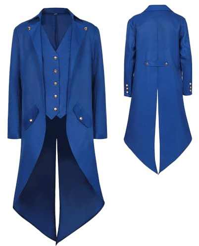 YQVGFBY Frac gótico steampunk para hombre, chaqueta medieval victoriana vintage, uniforme largo, esmoquin renacentista, pirata, vampiro, fiesta, cosplay, disfraces para hombres adultos, azul, L