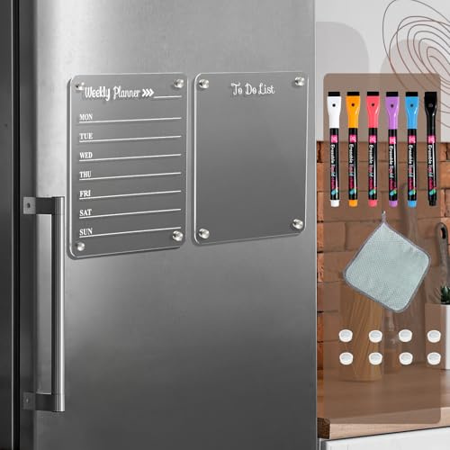 LCPCX 2 Pack Magnetic Acrylic Fridge Whiteboard Weekly Planner Set | Weekly Planner & To-Do Board Set. Includes 6 Markers, Cleaning Cloth, 2 Black Backing Sheets & 8 Silicone Pads