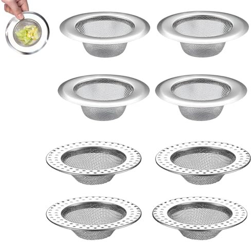 Eiflayn Sieb für Spülbecken,4 Stück Abflusssieb Küchenspüle+4 Stück Abflusssieb Dusche,Haarsieb Waschbecken Spülbeckensieb,Abflusssieb Edelstahl Rostfrei,Geeignet für Küche,Bad, Badewanne