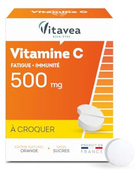 Vitavea - Vitamine C 500mg - Tonus et Energie - Complément Alimentaire Fatigue et Système immunitaire - 28 comprimés - comprimés à croquer - Saveur Orange - Sans sucres ajoutés - Fabriqué en France