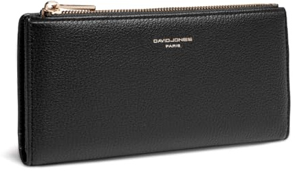 David Jones - Portefeuille Compagnon Femme Simili Cuir - Porte-Cartes Long Porte-Monnaie Cuir synthétique PU - Poche à Billets et Pièces - Noir