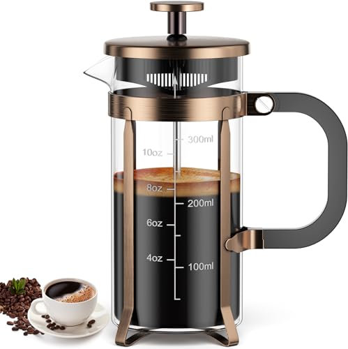 VOSFEEL Prensa francesa portátil con sistema de filtración de 4 capas， Cafetera francesa 350ml， Apto para lavavajillas，Bronce