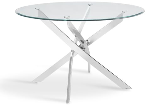 Round Glass Dining Table with Chrome Legs or Black Legs, Round Glass Table for 4 or 6 People, Small 4 Seater Dining Table or 6 Seater Dinner Table (Silver Legs, 100cm)