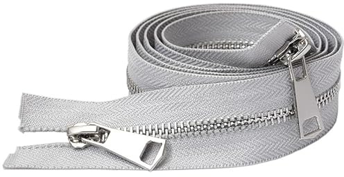 ZIPZSY #5 Reißverschluss für Mantel mit Trennung, 2-Wege, Silber, Metall, für Mäntel und Leder, Näharbeiten, Öffnung mit zwei Reißverschlüssen (Hellgrau, 80 cm)